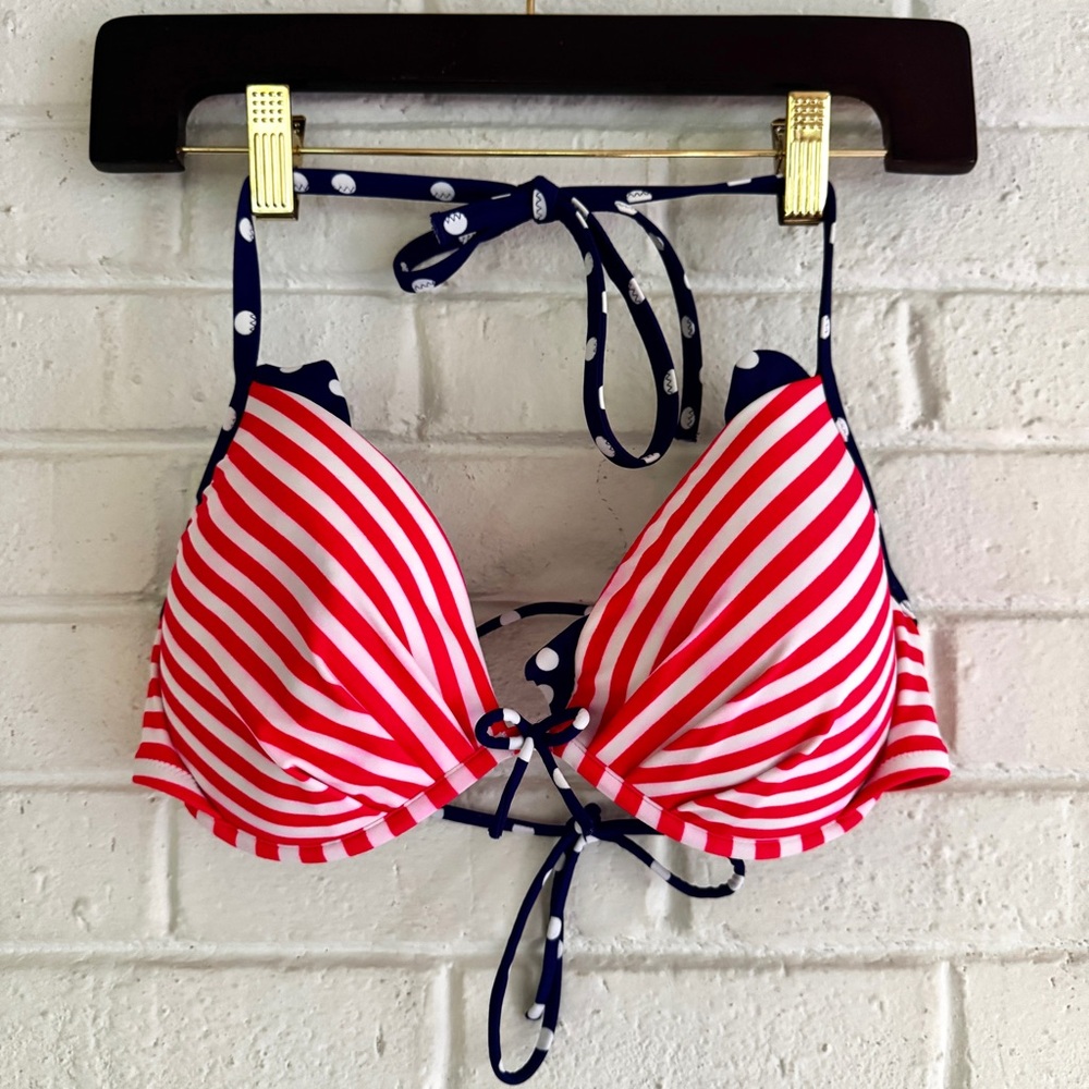 Victoria's Secret Red and White Striped Bikini Top with Navy Accents